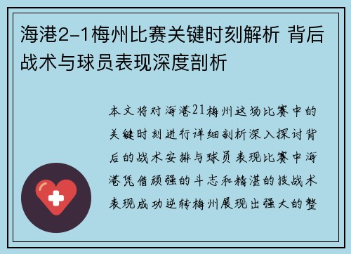 海港2-1梅州比赛关键时刻解析 背后战术与球员表现深度剖析