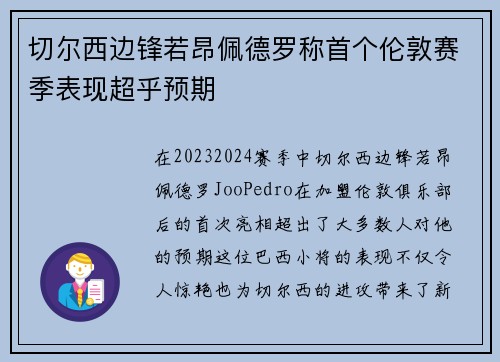 切尔西边锋若昂佩德罗称首个伦敦赛季表现超乎预期